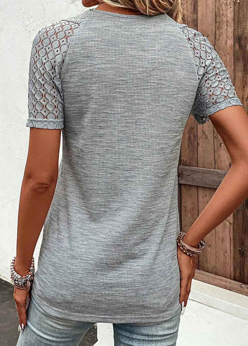 Grey Lace Short Sleeve V Neck T Shirt