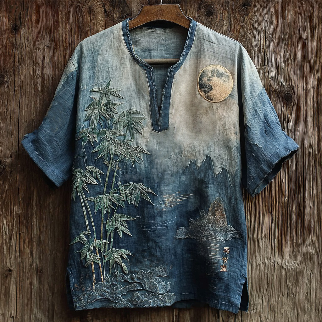 Men's Japanese Moonlit Bamboo Embroidery Art Linen Shirt