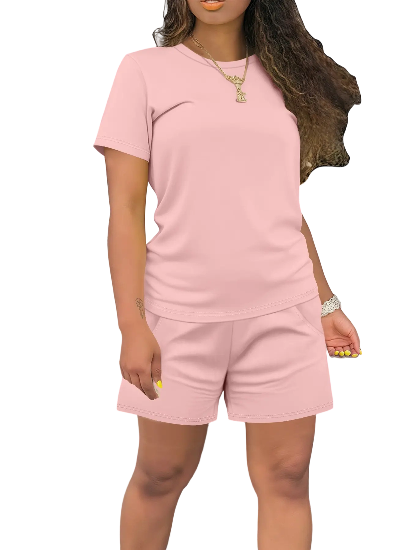 Women's Summer Casual Set, Regular Fit Short Sleeve Top & Shorts, Plain Color Women's, Comfortable Daily Wear Womenswear Fitted Outfit