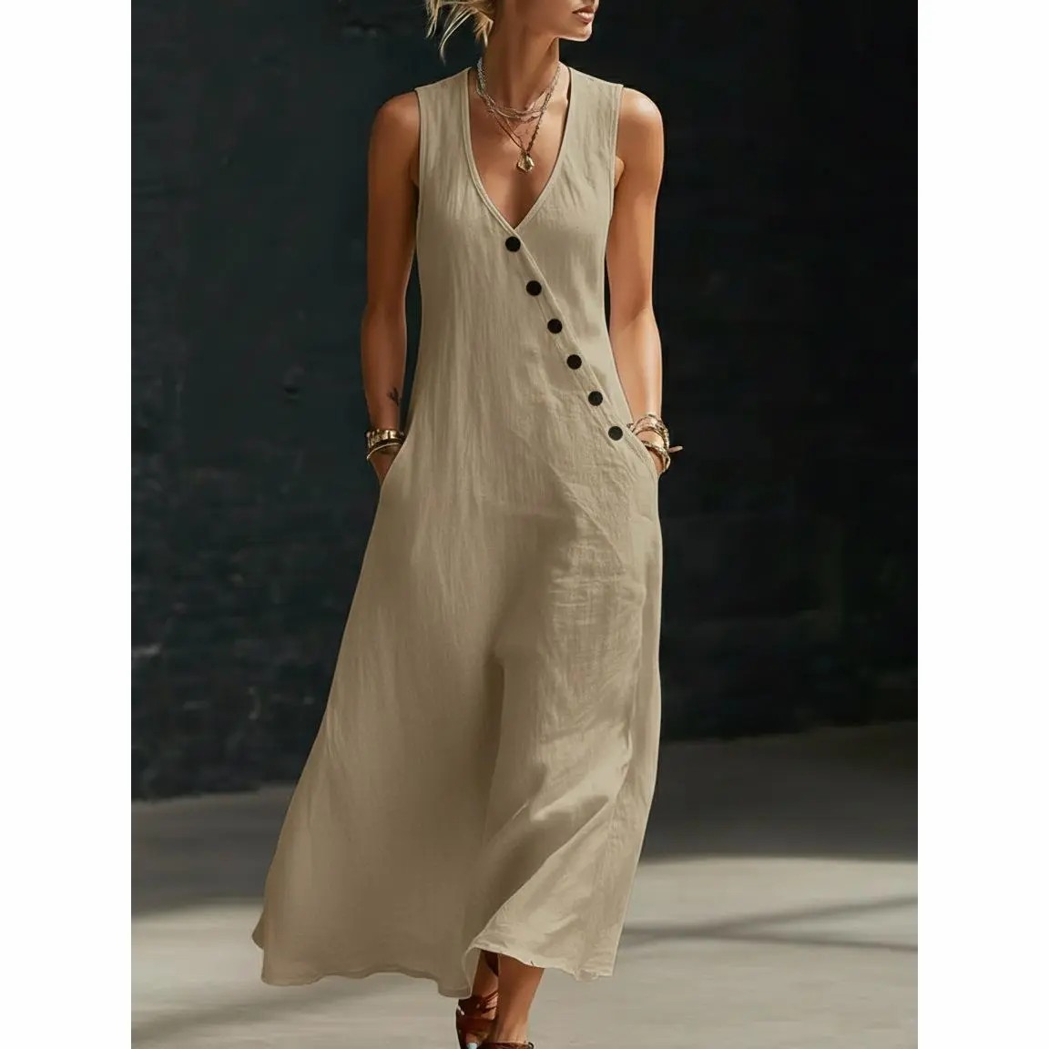 🔥Easter Sale!!Women’s Sleeveless Linen Maxi Dress – V-Neck Button Detail with Pockets
