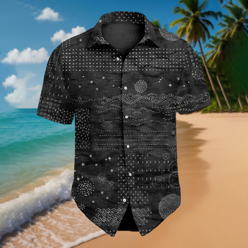 Men's Japanese Traditional Sashiko Art Beach Linen Shirt