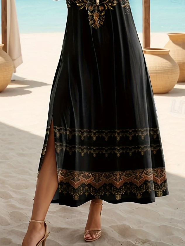 Women Floral Crew Neck Short Sleeve Comfy Casual Printing Maxi Dress