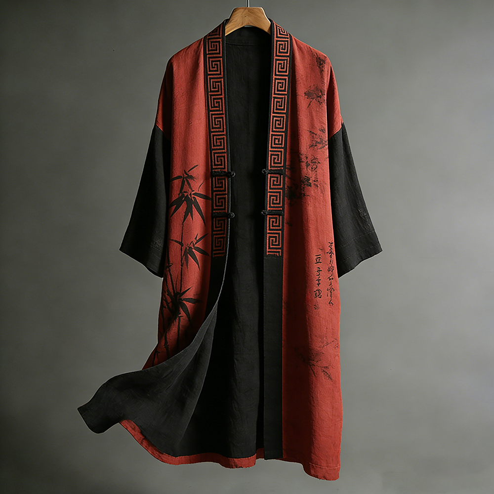 Japanese Art Ink Bamboo Print Color-block Kimono