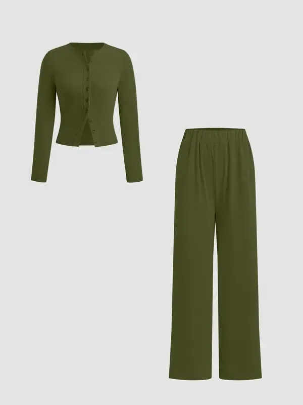 Two-piece Set Women's Solid Button Front Ribbed Crop Top & Elastic Waist Pants