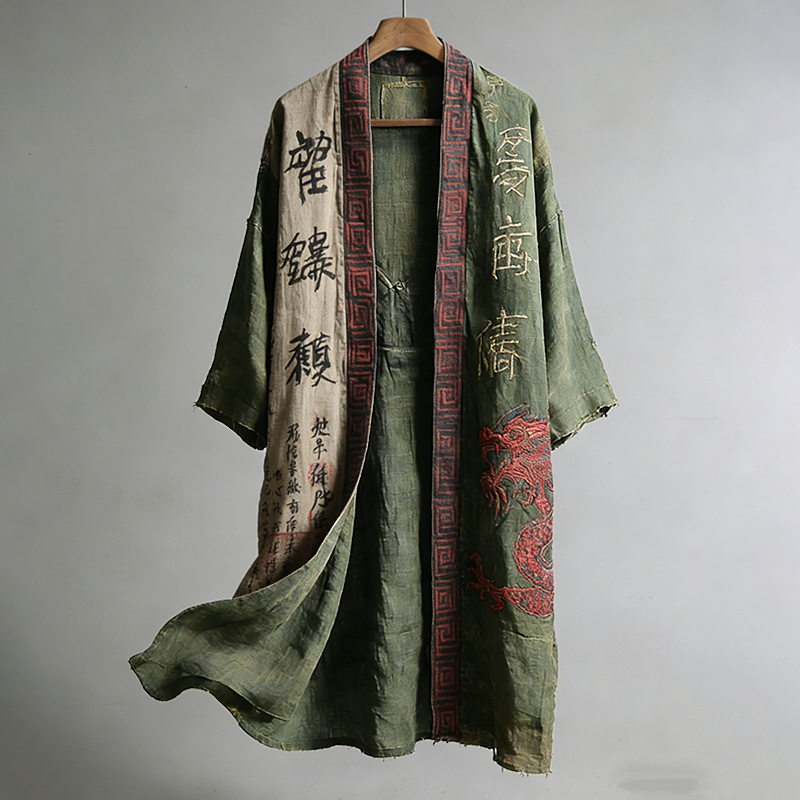 Men's Japanese Dragon Pattern Calligraphy And Painting Art Linen Long Kimono