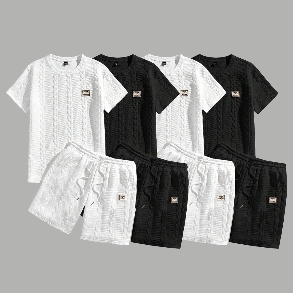 Summer men's jacquard textured fabric round neck short sleeved T-shirt and shorts set