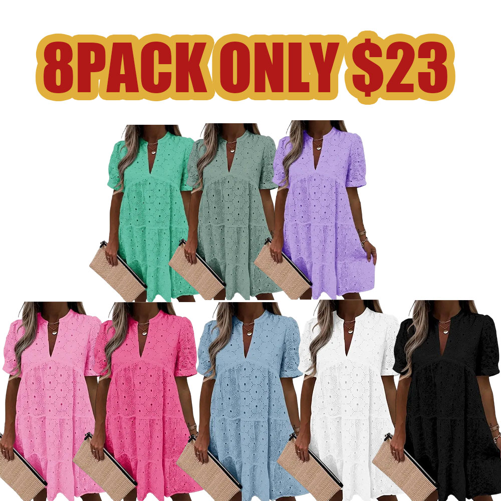 💖Wenrine Women’s Summer Lace Dresses Eyelet Casual Flowy Babydoll Swing Short Sleeve V Neck Tunic Dress
