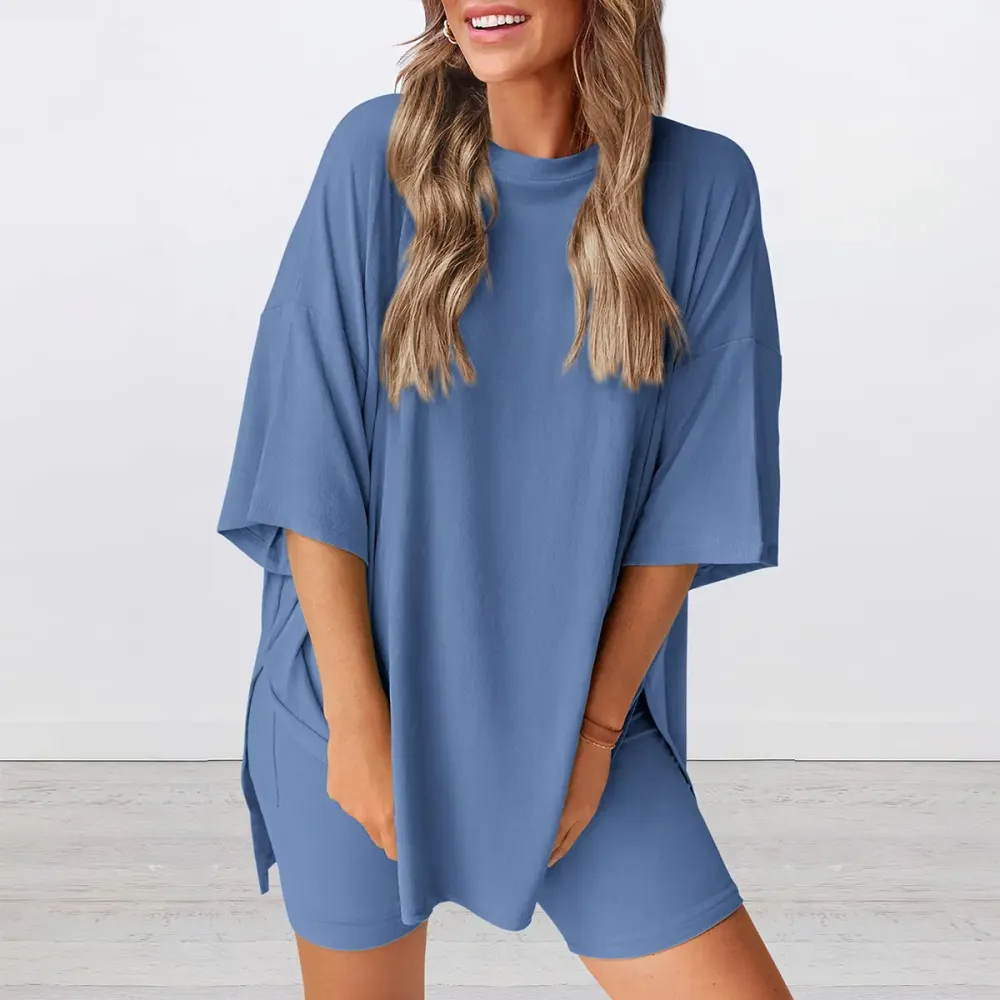 Women’s Summer Crewneck Lounge Set with Biker Shorts