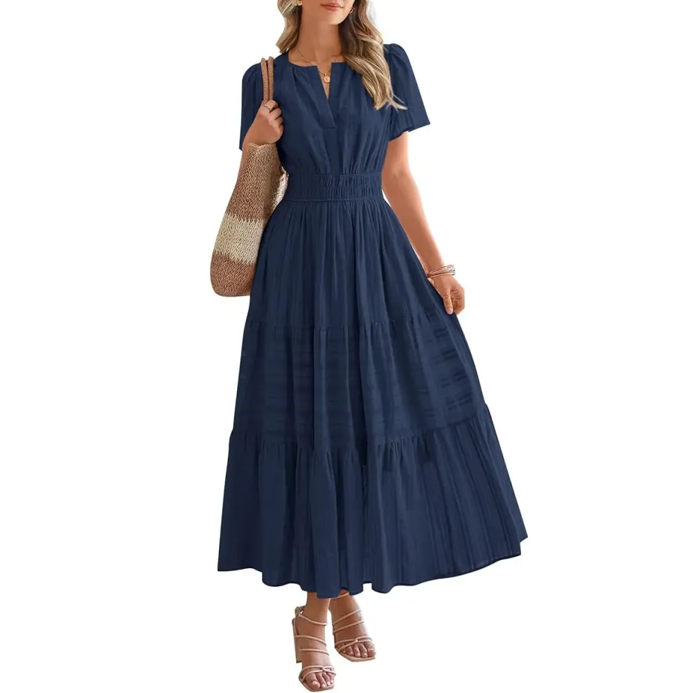 Women’s Summer V-Neck Boho Maxi Dress with Pockets