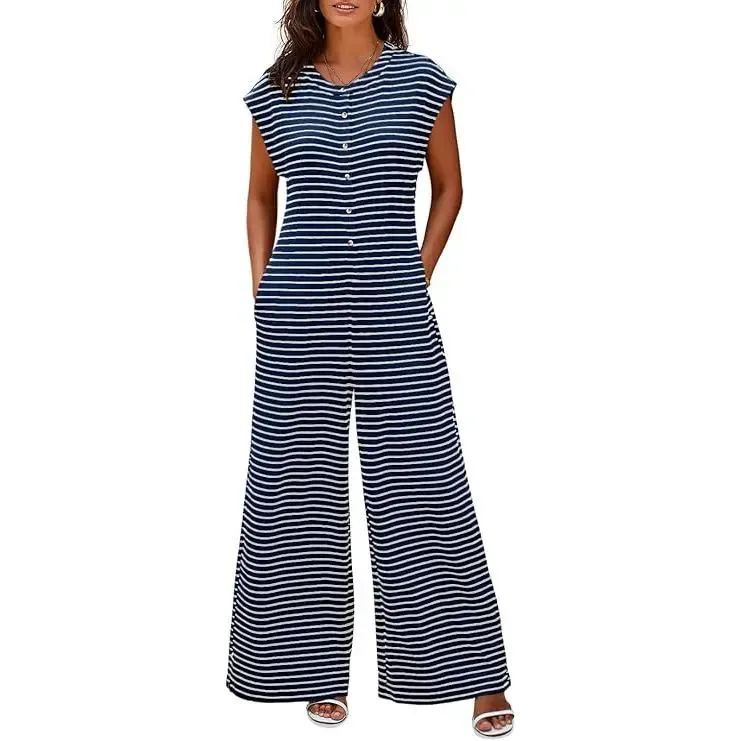 Women’s Casual Striped Wide Leg Jumpsuit – Summer Cap Sleeve Button Down Romper with Pockets