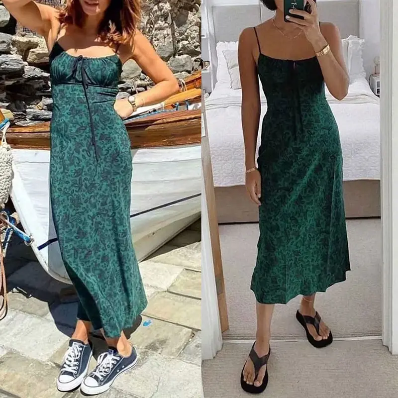 Women's Floral Dress Low-Cut Square Neck Spaghetti Strap Tie Bodycorn Dresses Casual Wear Slip with Adjustable Straps & Elastic Neckline