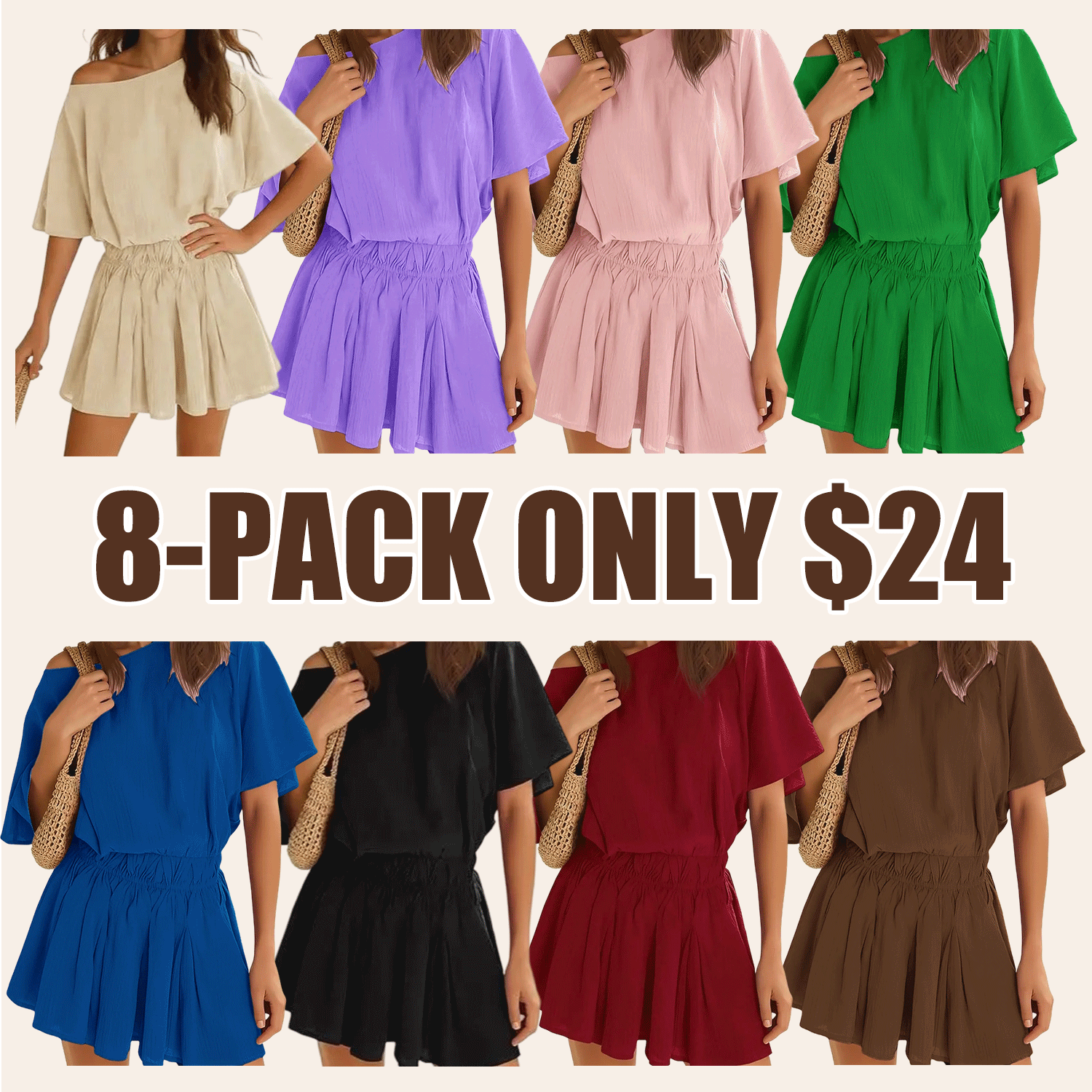 Women’s Casual 2 Piece Outfit Short Sleeve Loose Top and Flowy Mini Skirt Set for Summer Vacation Suits