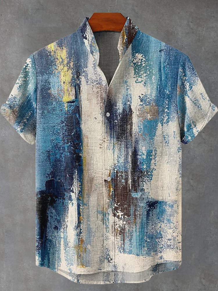 Men's Vintage Abstract Geometric Oil Painting Gradient Art Short Sleeve Shirt