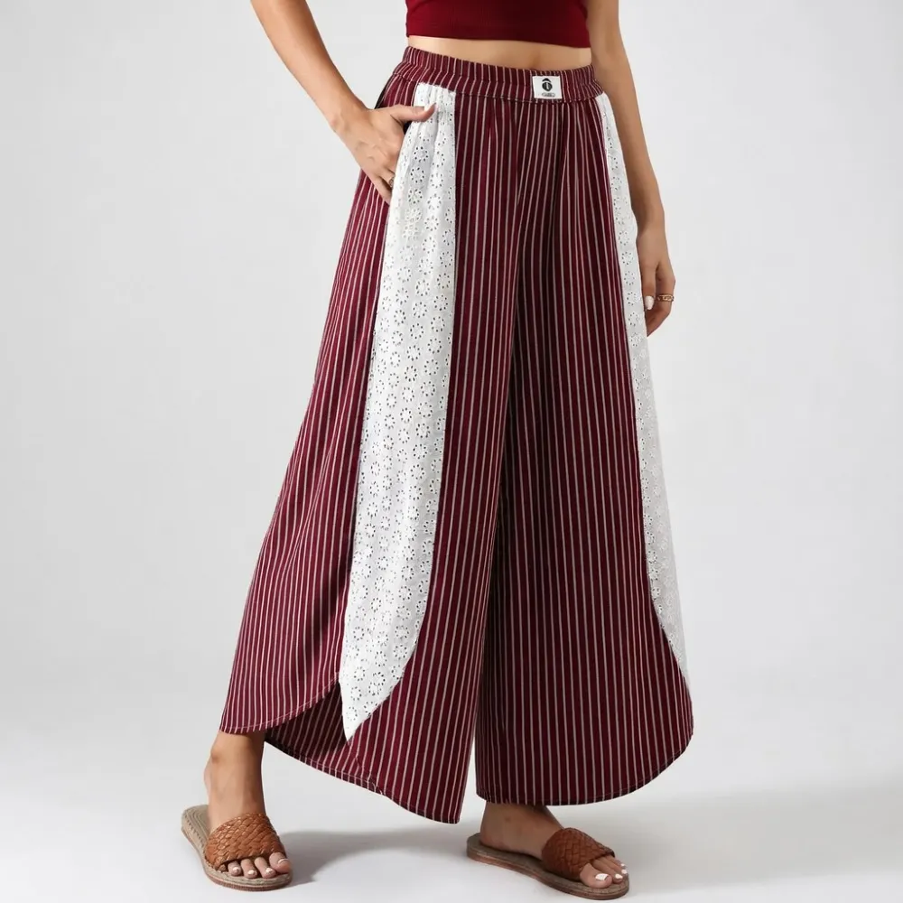 Women’s Boho Striped Wide Leg Palazzo Pants with Lace Panel