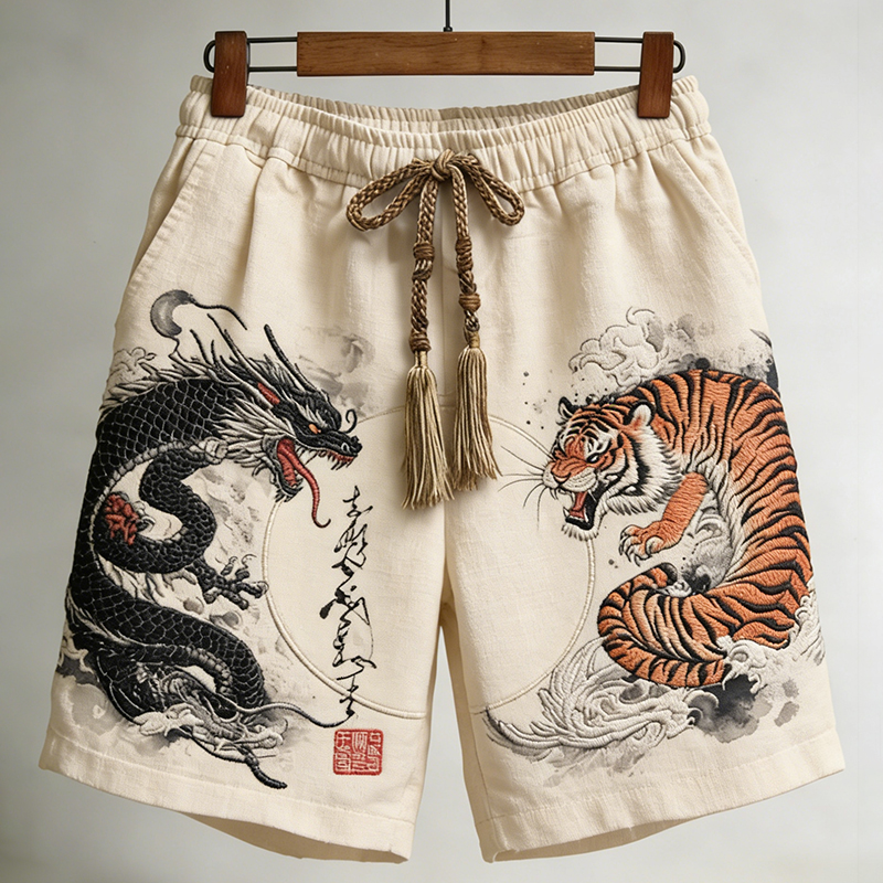 Men's Japanese Dragon With Tiger Art Linen Comfy Shorts