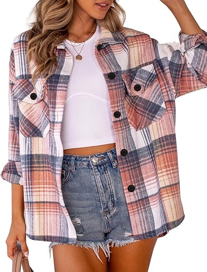 Plus Size Plaid Flannel Shacket – Long Sleeve Button-Down Jacket for Fall & Winter