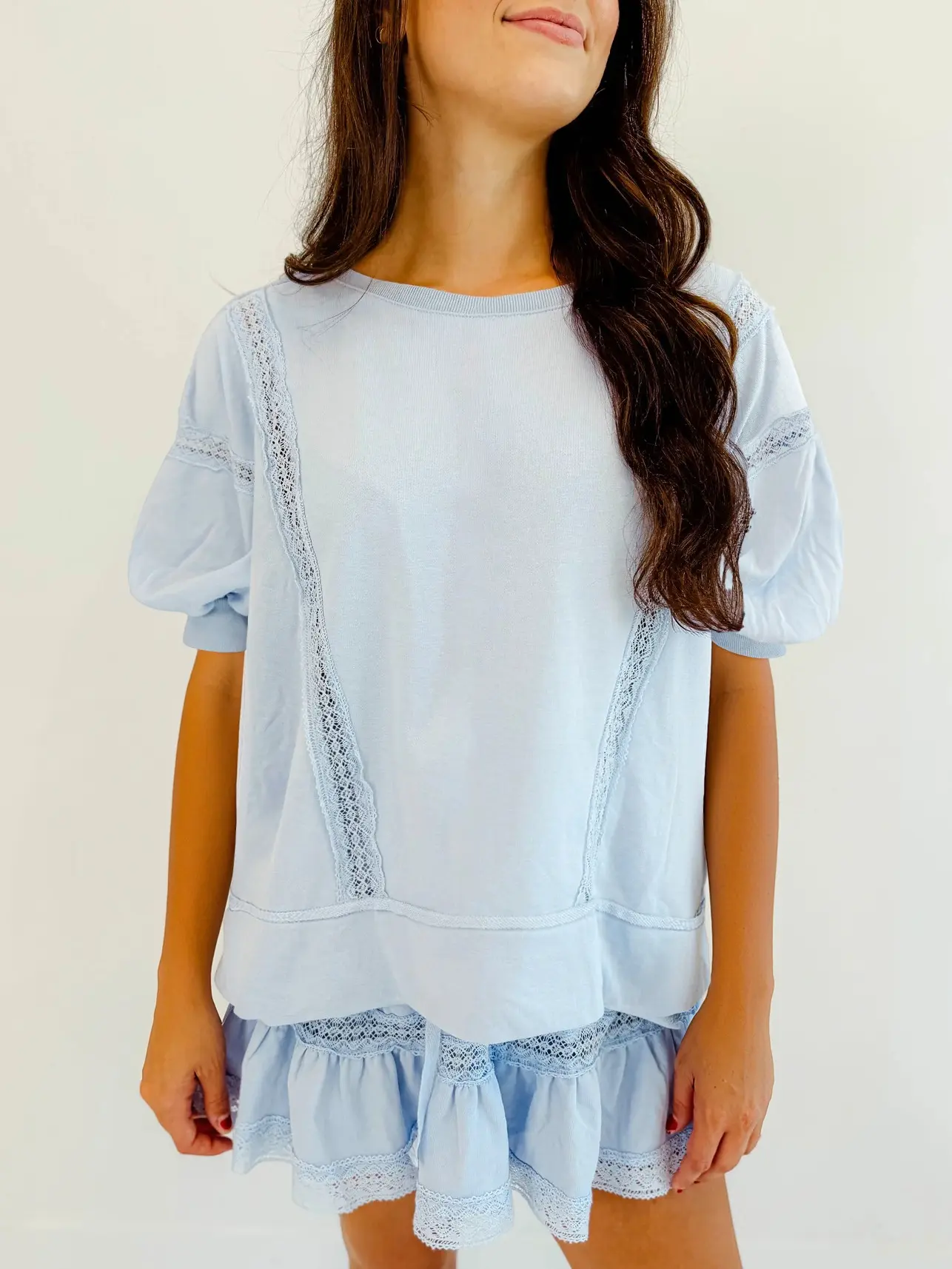 Fisoew Women's 2 Piece Cotton Lace Trim Outfit Set Short Sleeve Puff Sleeve Top & Ruffled Shorts Soft Casual Outfit