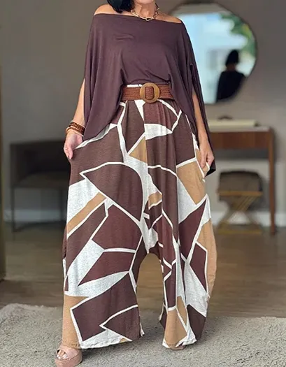 Women's Casual Solid Top & Printed Pants Set – Effortless Everyday Style