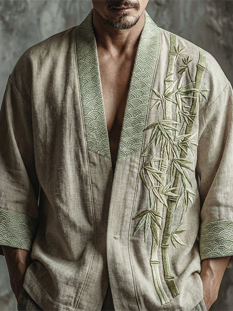 Men's Japanese Bamboo Art Pattern Linen Blend Kimono Cardigan
