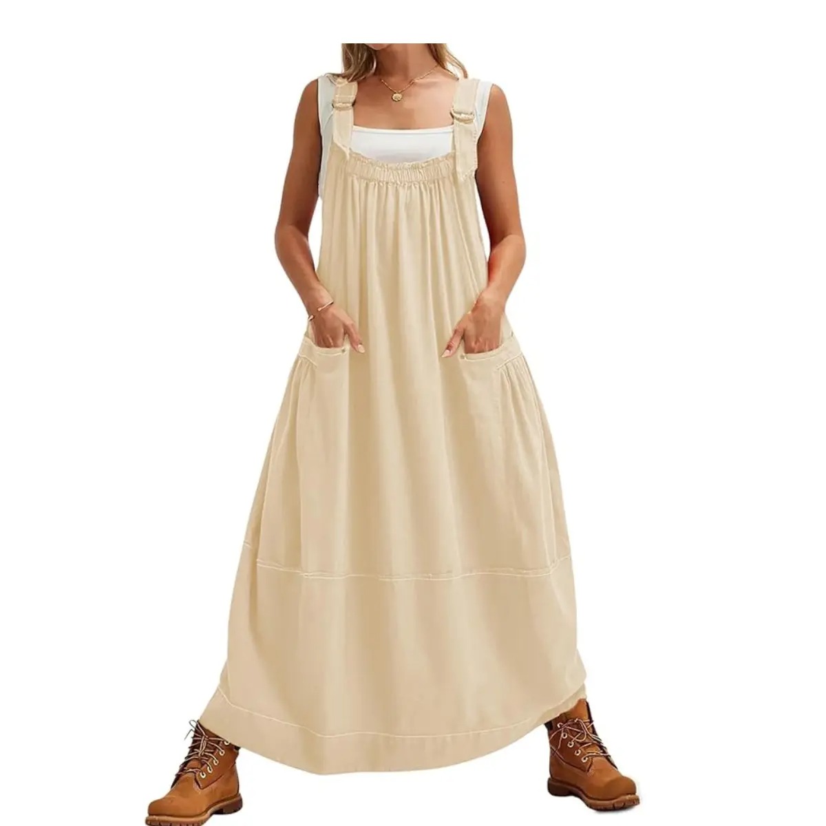 Women's Sleeveless Strappy Barrel Midi Dress with Pockets & Adjustable Straps