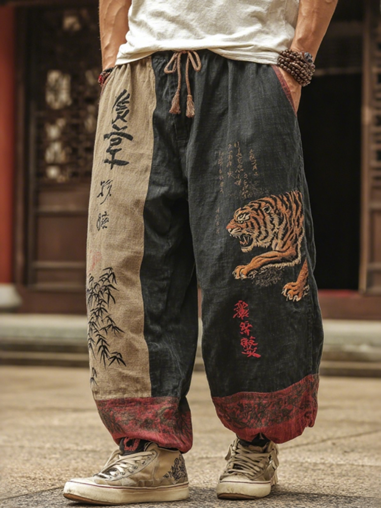 Men's Japanese Tiger Art Contrast Color Linen Pants