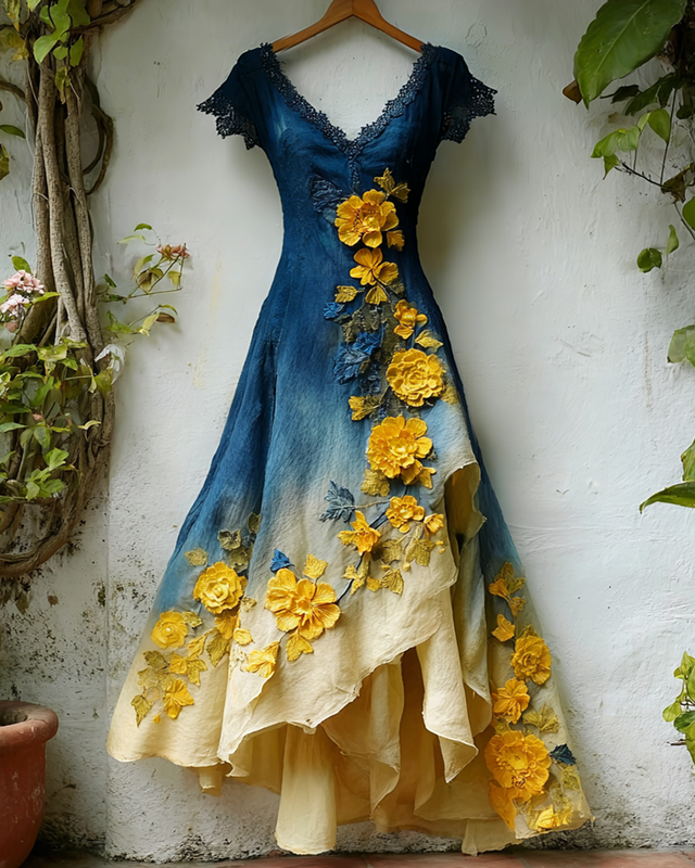 Women's Elegant Gradient Flowers Irregular Ruffle Linen Dress 4198