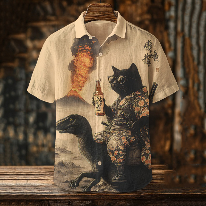 Men's Samurai Black Cat Drinking In Front Of The Volcano Print Short Sleeve Shirt