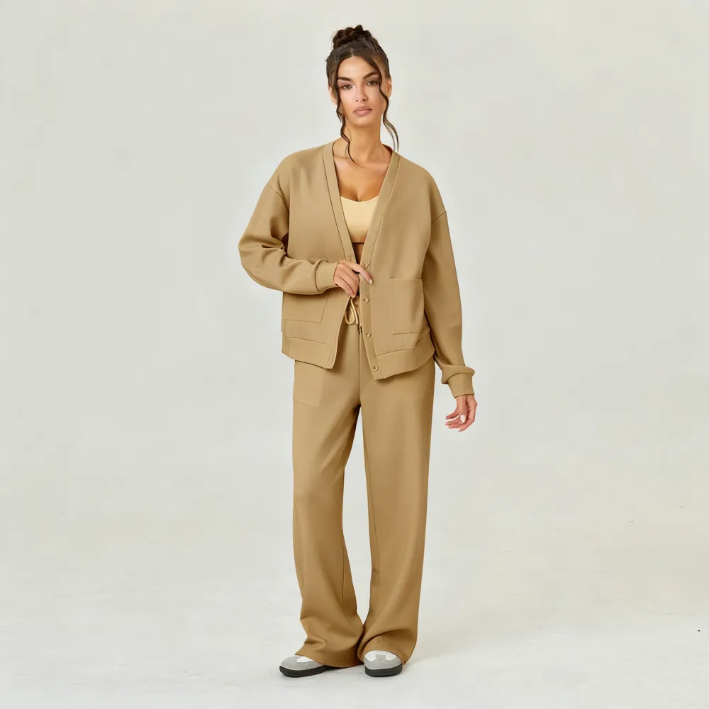 Women's Slouchy Solid Color V Neck Long Sleeve Button Cardigan & Drawstring Waist Trousers Co-ord