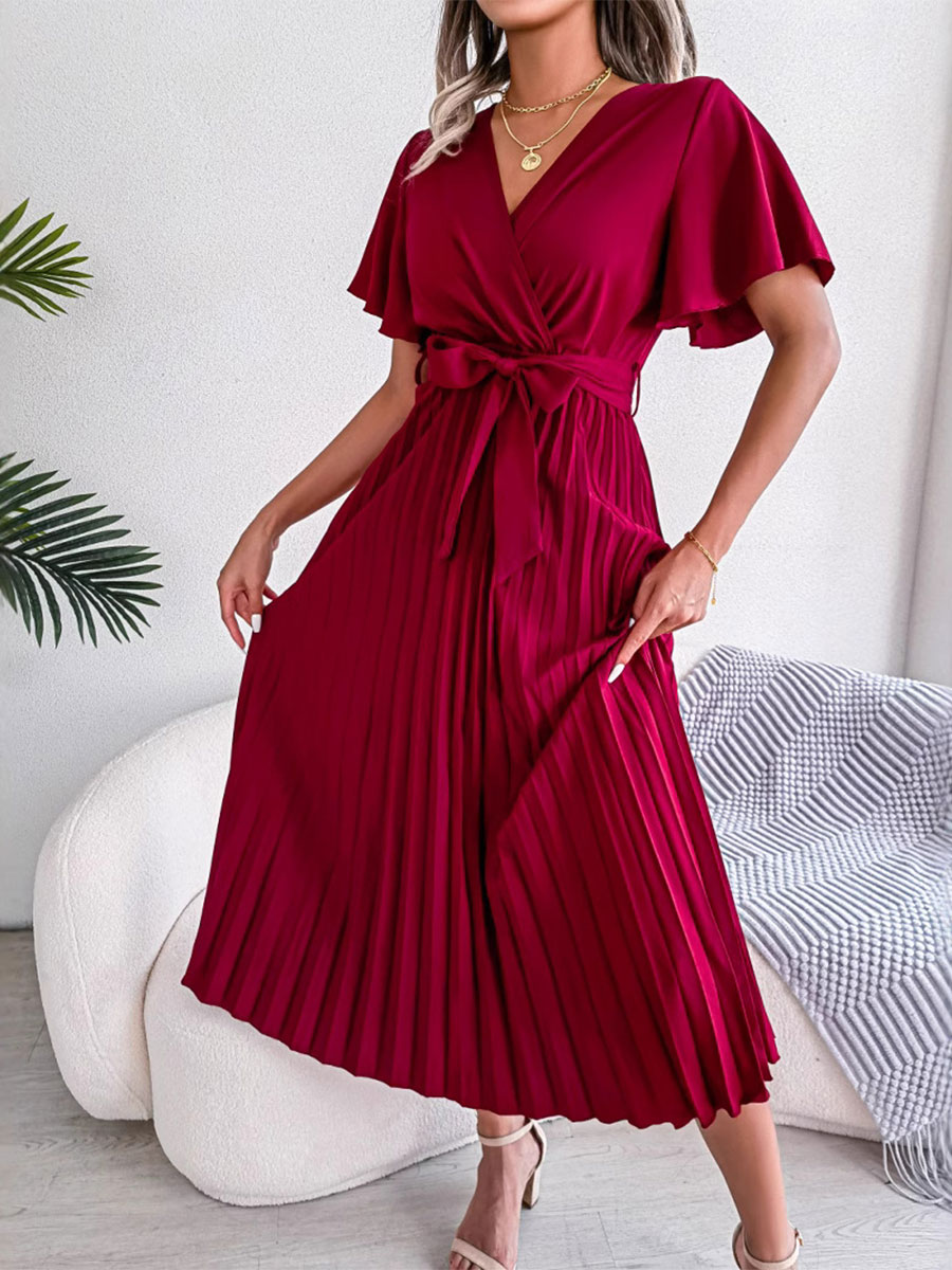Women's Casual Cross V-neck Ruffled Pleated Dress