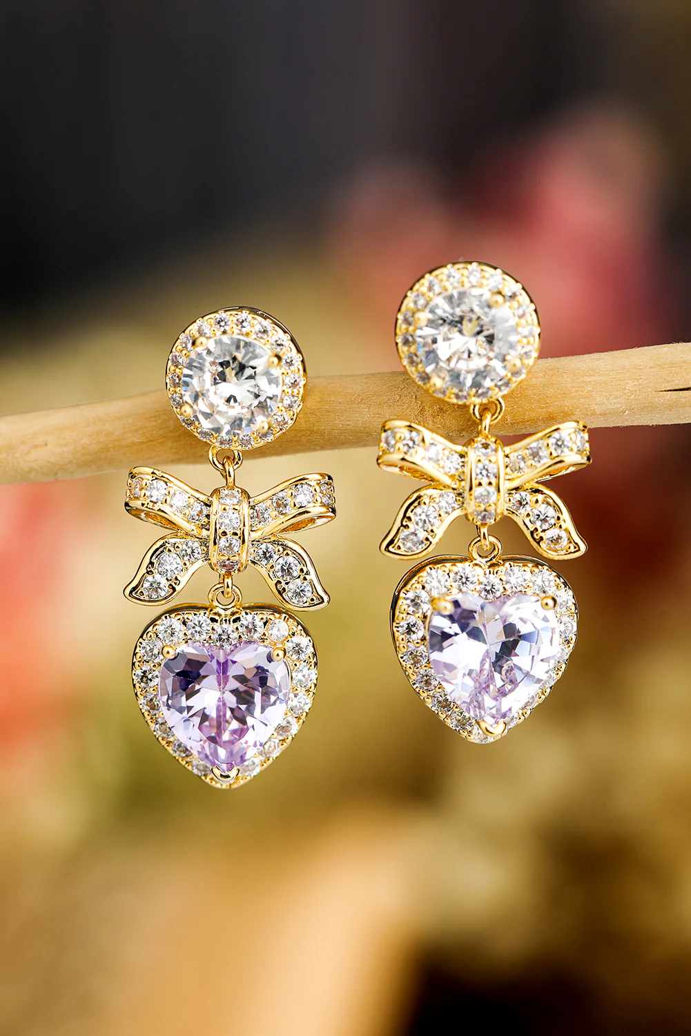 Gold Rhinestone Bow Heart Pendant Earrings