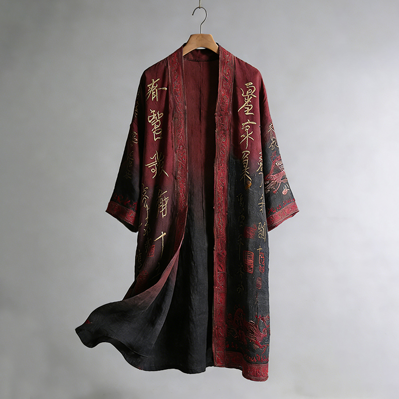 Men's Retro Calligraphy And Painting Art Linen Long Kimono
