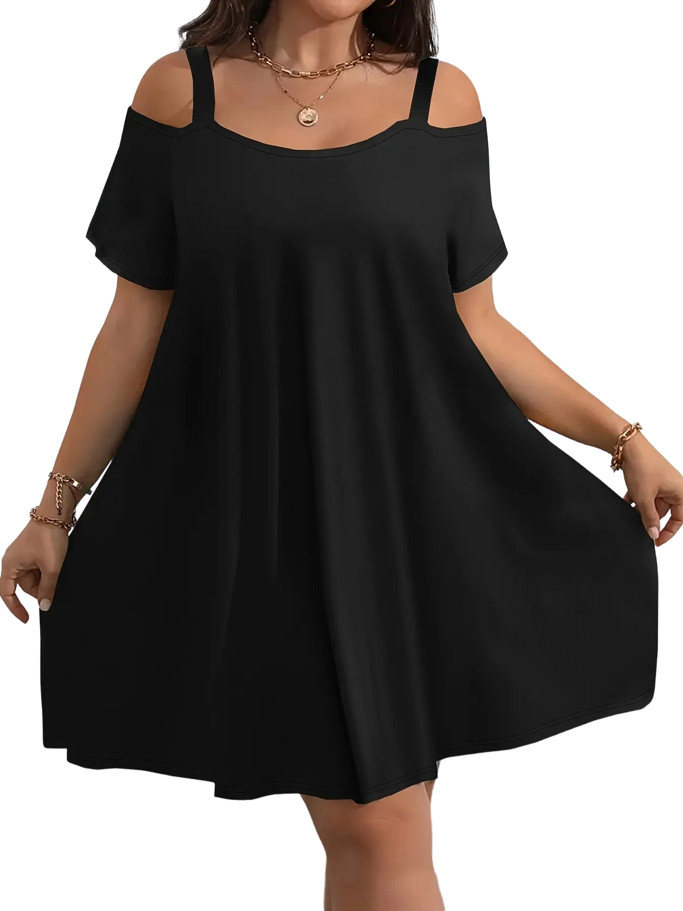 Plus Size Women's Round Neck Short Sleeve Shoulder Cut Out Fitted Casual Midi Dress
