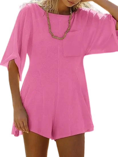 Women Spring Outfits Summer Casual Short Sleeve Crew Neck Loose Jumpsuits with Pocket