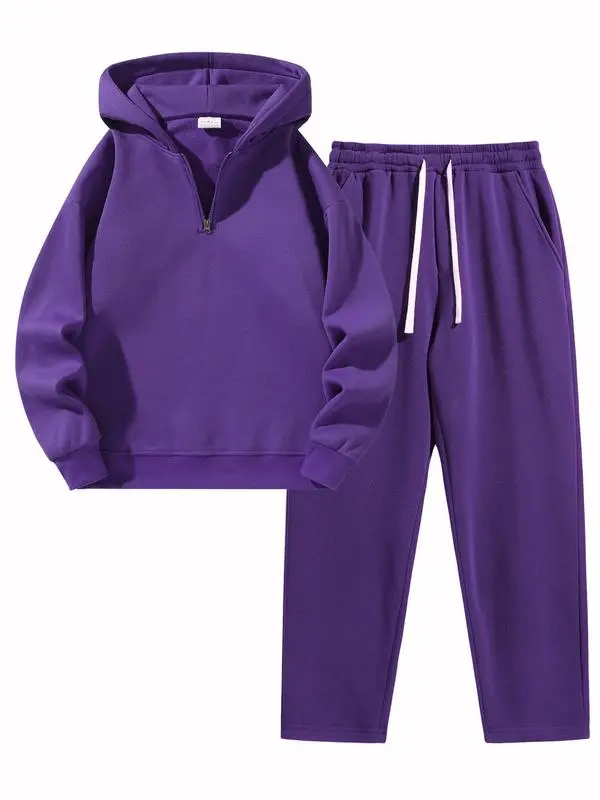 Men's Plain Two-piece Sweatsuit Set, Basic Regular Fit Casual Drop Shoulder Half Zip Hoodie & Pocket Drawstring Sweatpants