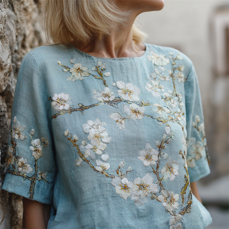 Oil Painting Inspired Almond Blossom Embroidered Linen Tunic