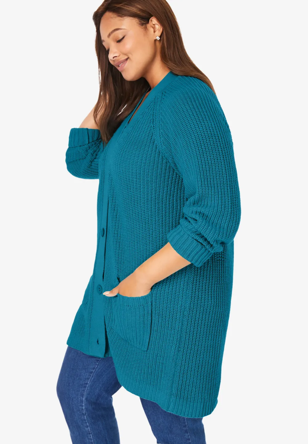 Button-Front Shaker Cardigan