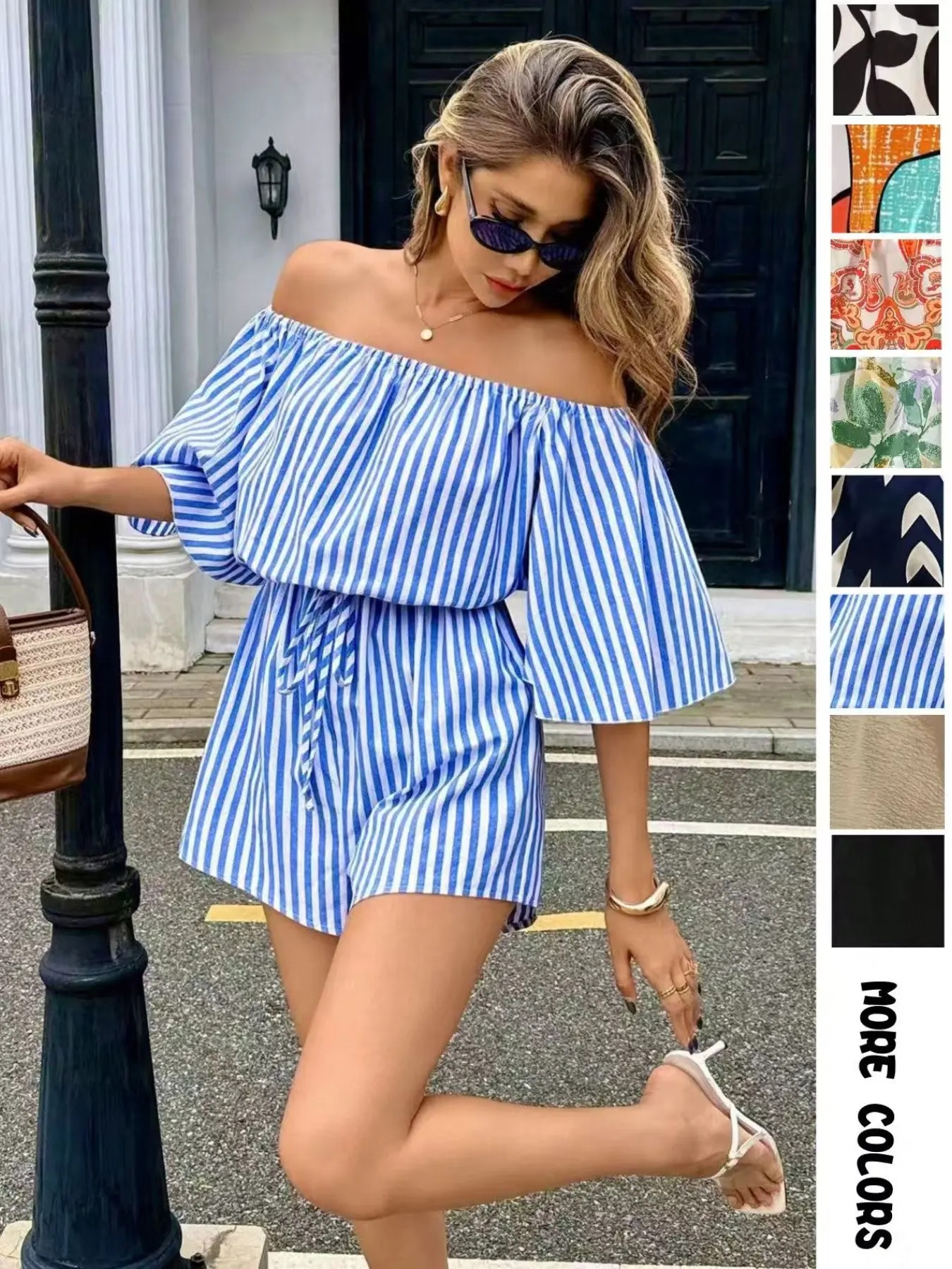 Women's Leaf Print Off Shoulder Tie Front Romper
