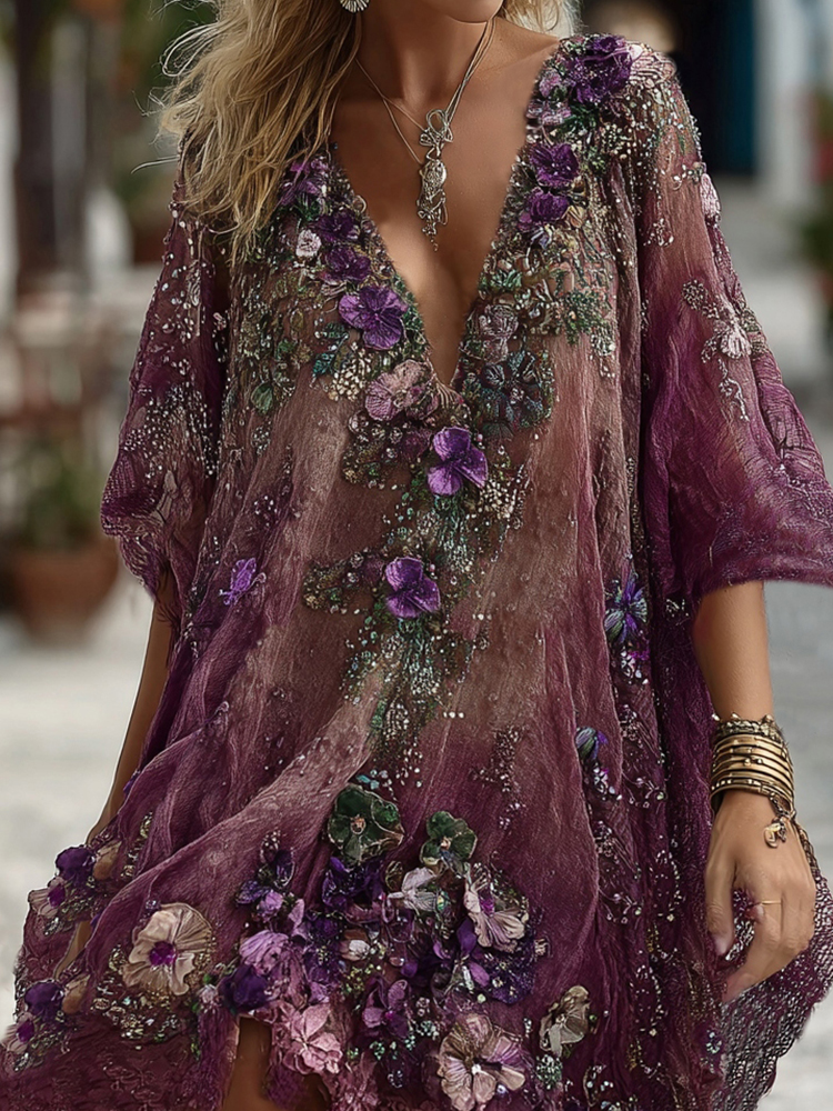 Women's Pansy Embroidered Sequined Short Sleeve Midi Dress