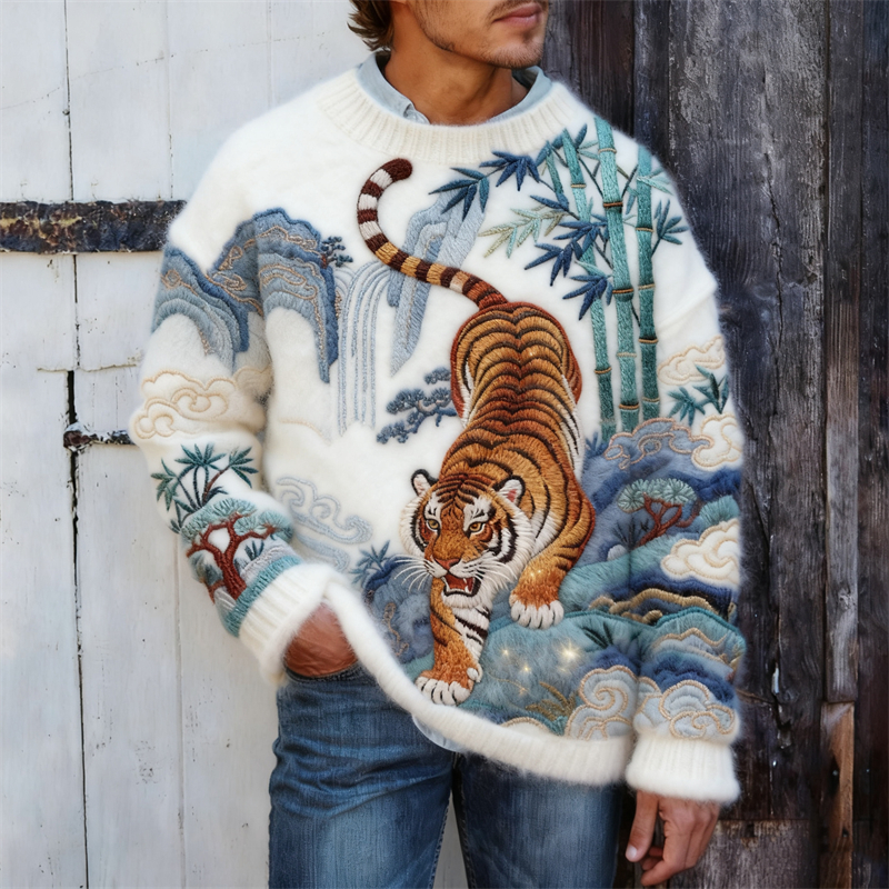 Men's Japanese Tiger Landscape Embroidered Cozy Knit Sweater