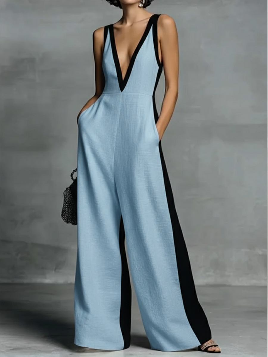 Patchwork Linen And Cotton Sleeveless Jumpsuit