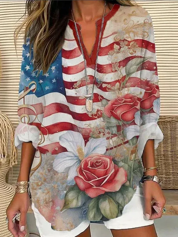 V Neck Long Sleeve Floral Printing Regular Loose Blouse For Women