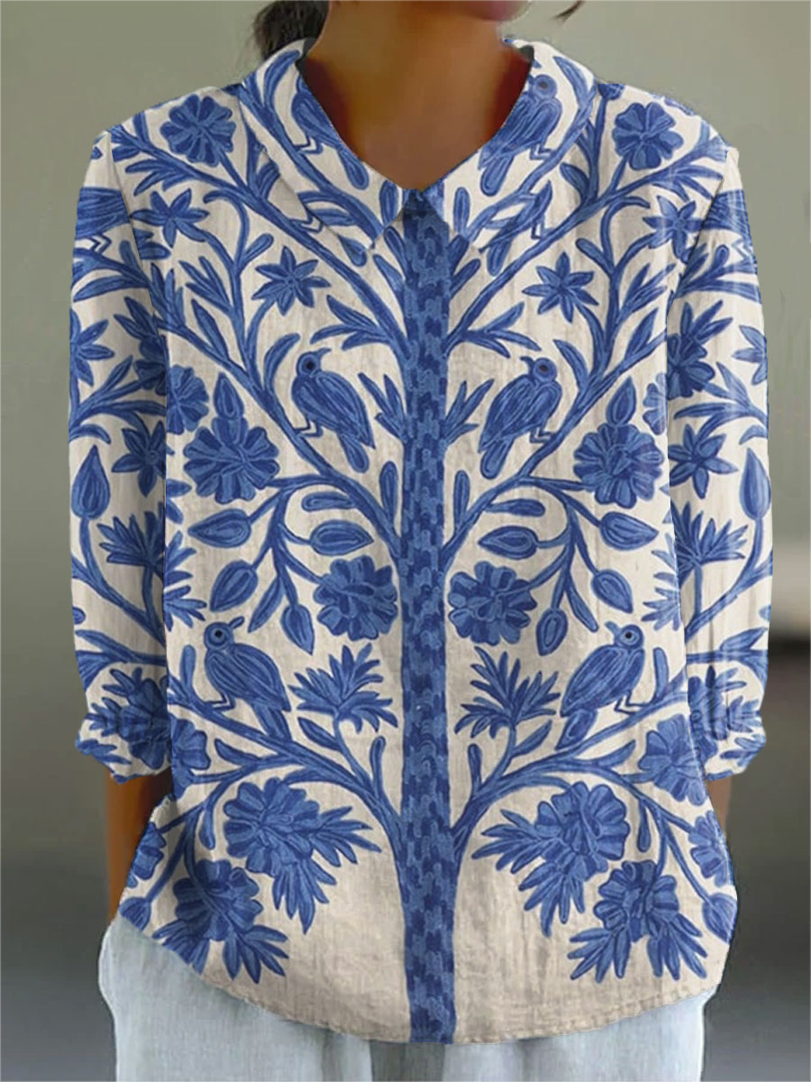 Women's Vintage Floral Art Print Casual Cotton And Linen 3/4 Sleeve Shirt