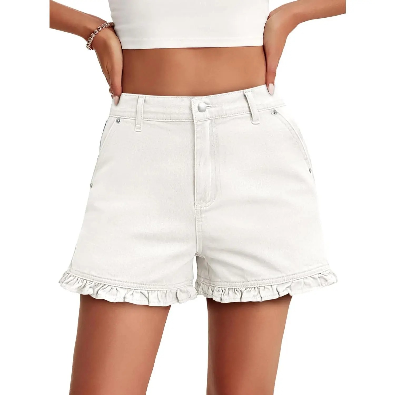 Cute High Waisted Denim Shorts with Ruffle Hem for Women -