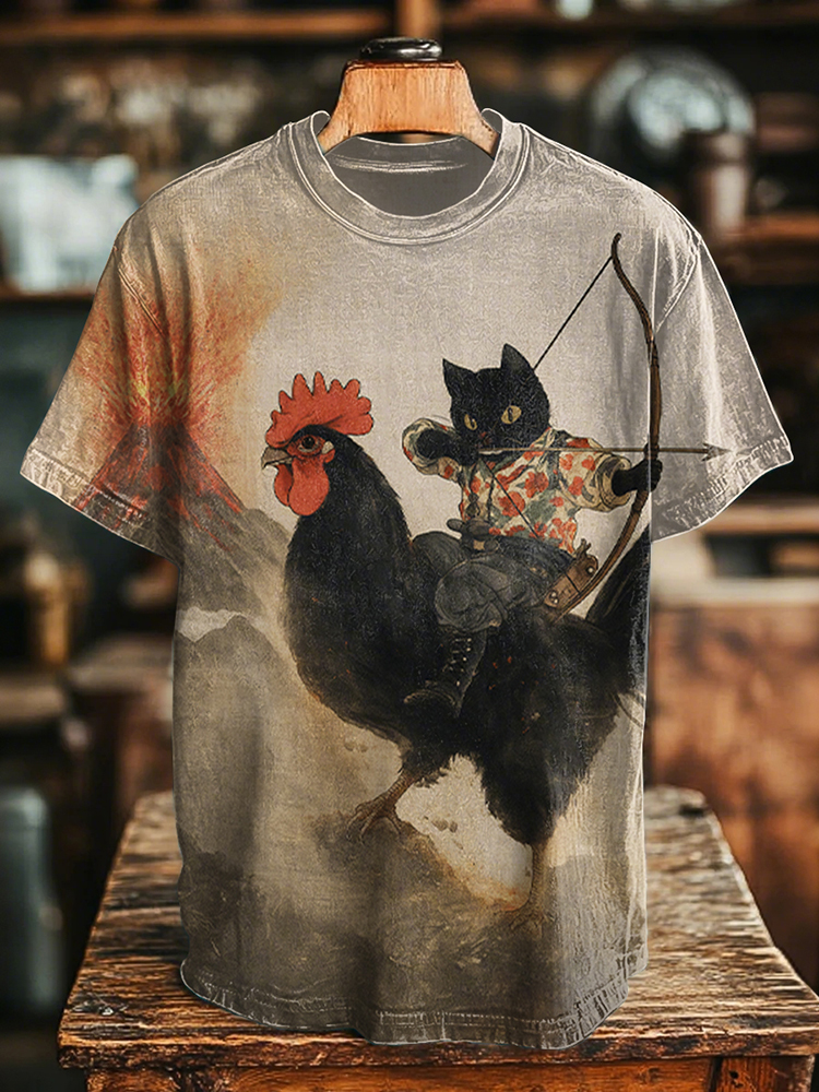 Men's Retro Black Cat Archer And Chicken Print Casual T-shirt