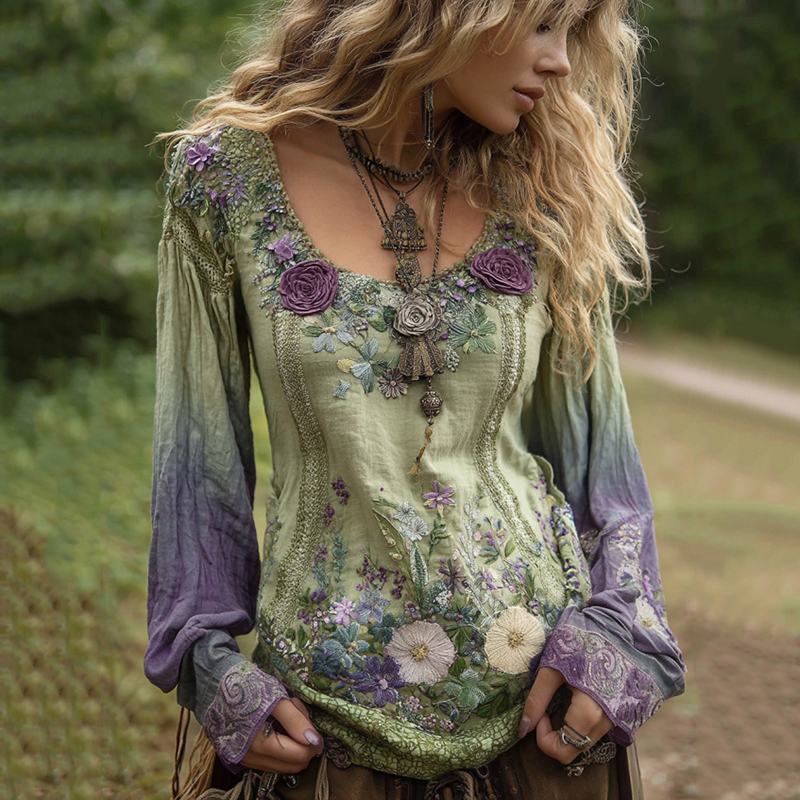 Classy Gradient Purple Lavender And Floral Embroidered Linen Long Sleeve Shirt