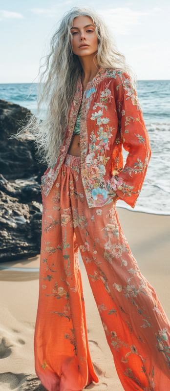 Vacation seaside elegant embroidery top + pant two piece set f68a
