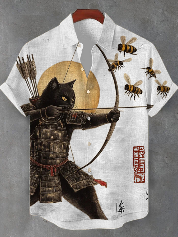 Men's Black Cat Tribal Warrior Japanese Kyudo Print Short Sleeve Shirt