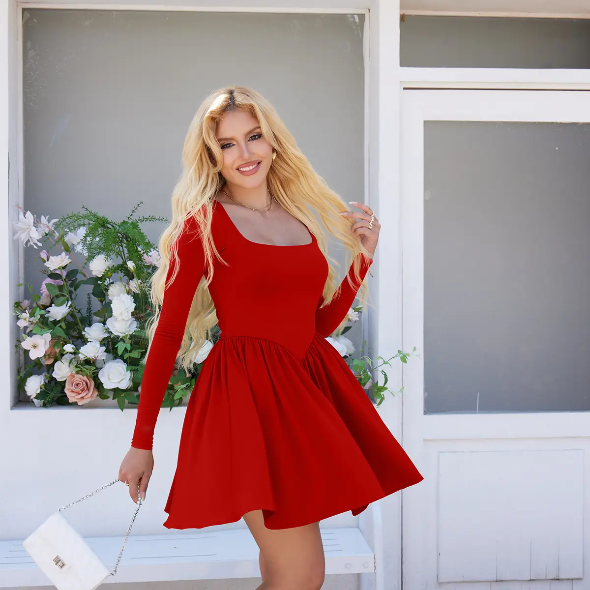 Women’s Long Sleeve Ruffle Hem Mini Dress with Pockets
