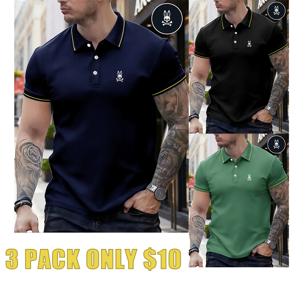 Men's Regular Fit Letter Print Skull Rabbit Contrast Trim Polo Shirt, Casual Short Sleeve Half Zip Top for Summer