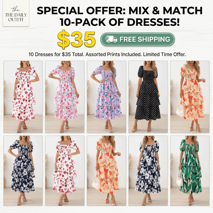 Women's Square Neck Smocked Dress with Puff Short Sleeve Floral Casual Ruffle Tiered Wedding Guest Dress